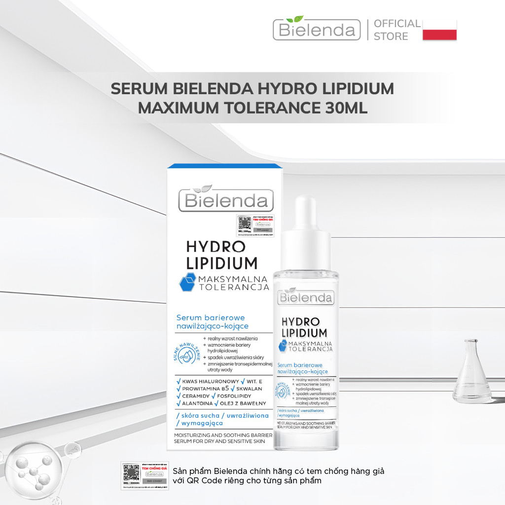 Serum Bielenda Hydro Lipidium Maximum Tolerance dưỡng ẩm sâu, làm dịu, phục hồi da nhạy cảm, viêm da cơ địa 30ml