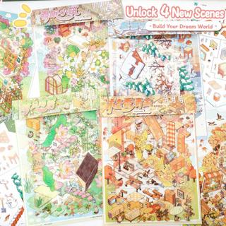 ENWEI 5 Cái [Dòng tranh nhà ổ chuột mùa xuân] Nhãn dán phong cảnh Lotus Breeze Retreat Osmanthus Fragrant House Oversized Pine Snow Warm Lodge Trang trí nhật ký