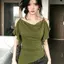 Mùa hè phong cách Hàn Quốc Pure Desire Hot Girl Cổ xoay tay ngắn Top Xù lệch vai xếp li không đều