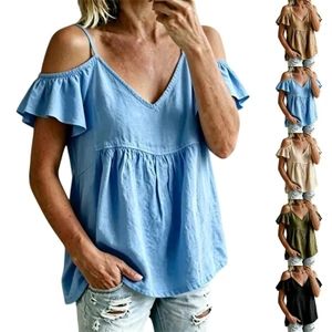 Exhila Vai Lạnh Cho Nữ Rời Cổ Chữ V Ruffle Tay Áo Sơ Mi Màu CuteGoing Out Trang Phục