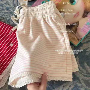 Quần short sọc ren màu hồng phù hợp cho nữ Mùa hè hợp thời trang Phiên bản Hàn Quốc y2k Eo co giãn dáng rộng thông thường
