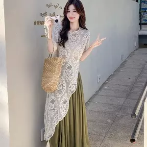 Mùa hè phong cách Hàn Quốc bán chạy Áo ren ngắn tay không đều viền rộng che thịt Giảm tuổi Tính khí nhẹ nhàng phù hợp với Ni