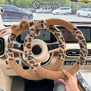 Vỏ tay cầm ô tô FANIELLAPOWELL, Vỏ vô lăng in họa tiết da báo mềm mại, Nơ lông tơ dễ thương Chống trượt Nội thất ô tô Vỏ vai chống rơi Trang trí ô tô cho bé gái