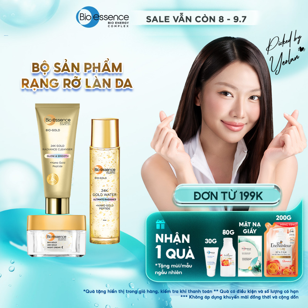 Bộ Bio-essence Bio-essence Gold – Tinh chất vàng 24k: Nước dưỡng 150ml, Sữa rửa mặt 100g, Kem Dưỡng Da Ngày/ Đêm 40g