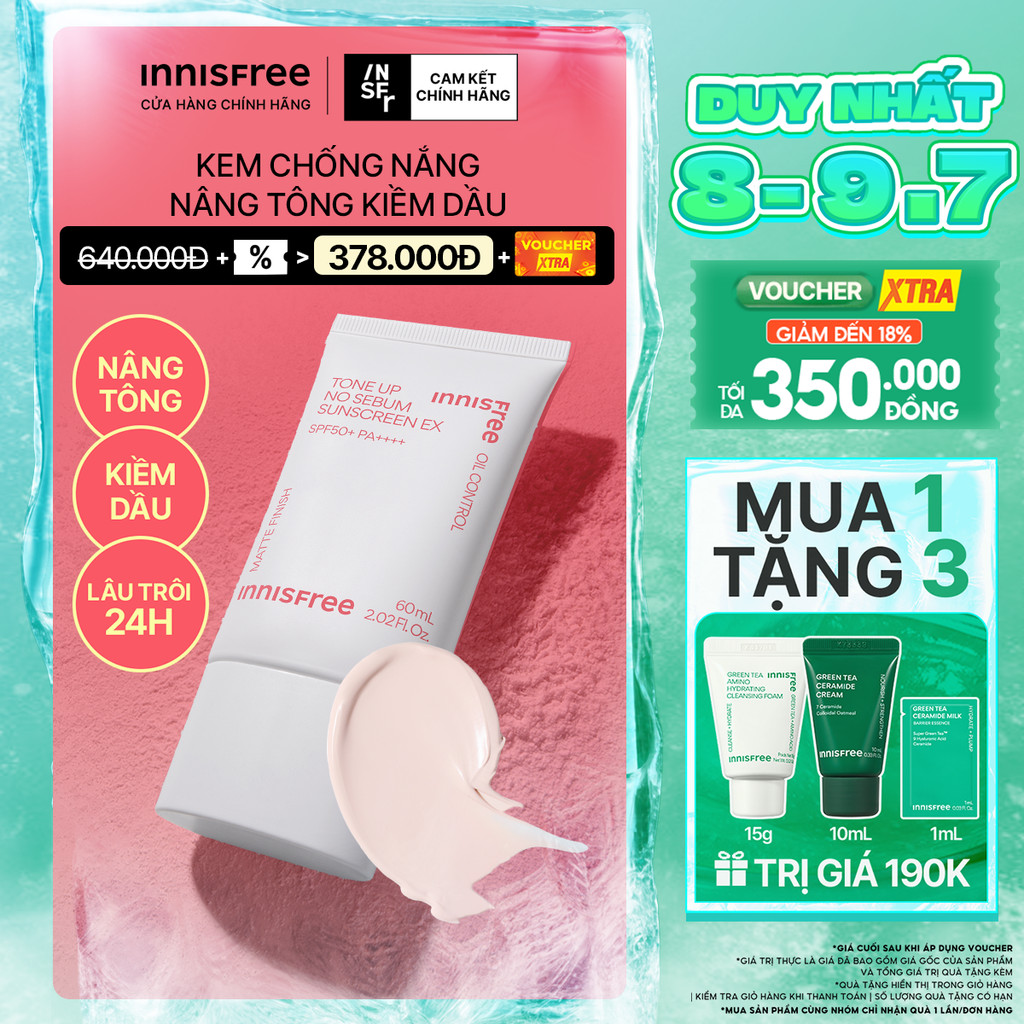 Kem chống nắng nâng tông kiềm dầu INNISFREE Tone Up No Sebum EX SPF 50+ PA++++ 60 mL
