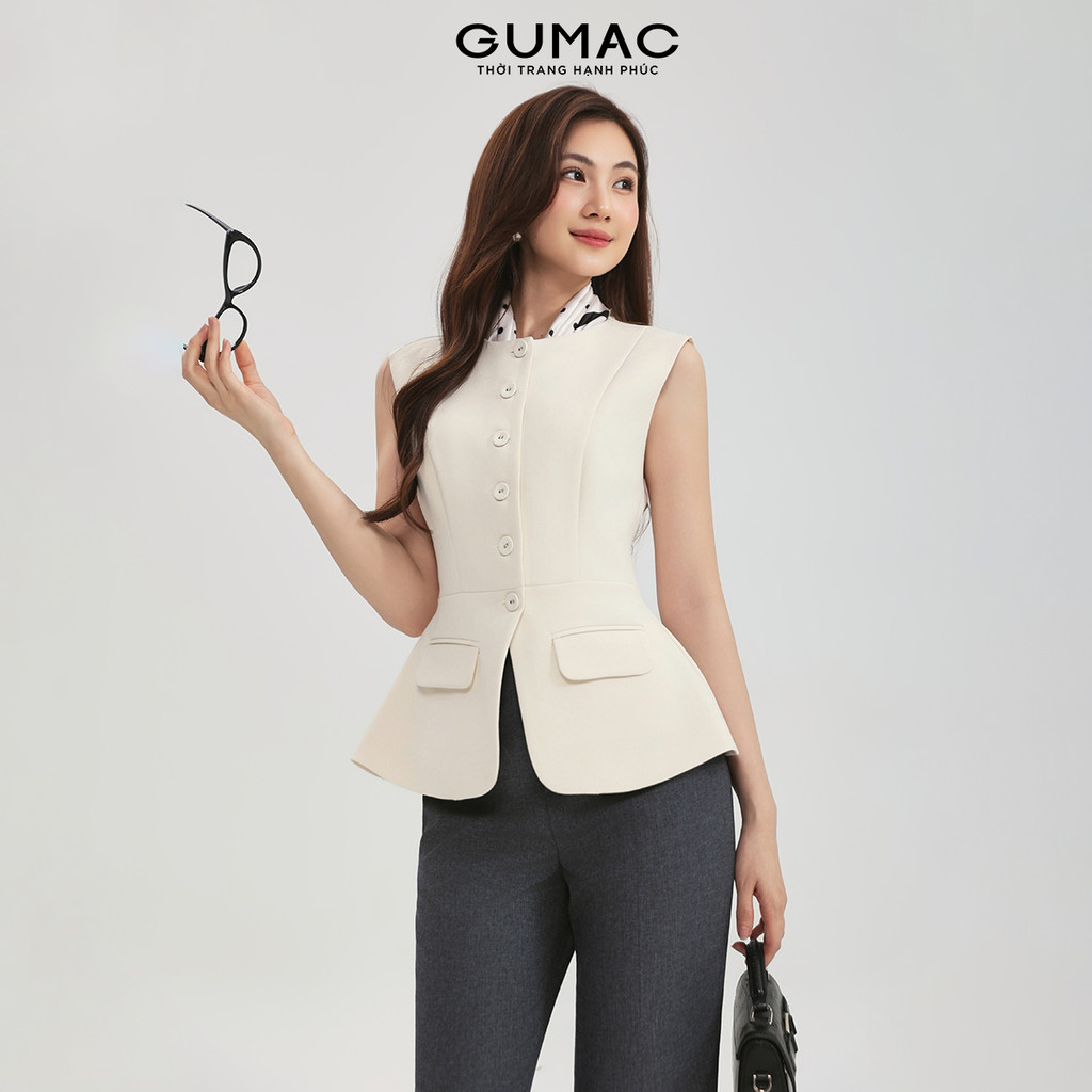 Áo Gile Nữ Cổ Tròn GUMAC Dáng Dài Chiết Eo Nhẹ Kiểu Peplum Chất Carolan Xược Đứng Form AG03026