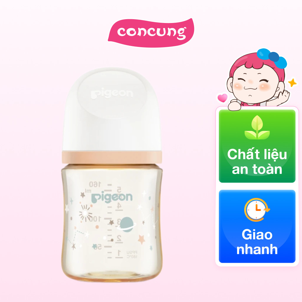 Bình sữa Pigeon PPSU chống đầy hơi cổ rộng 160ml, cho bé sơ sinh núm ti siêu mềm chống sặc
