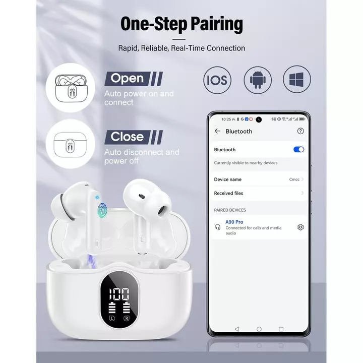 Tai nghe không dây, Tai nghe Bluetooth 5.4 Âm thanh nổi Bass, Tai nghe có Mic khử tiếng ồn, Màn hình LED trong tai Tai nghe Cuộc gọi rõ ràng, Tai nghe – 6