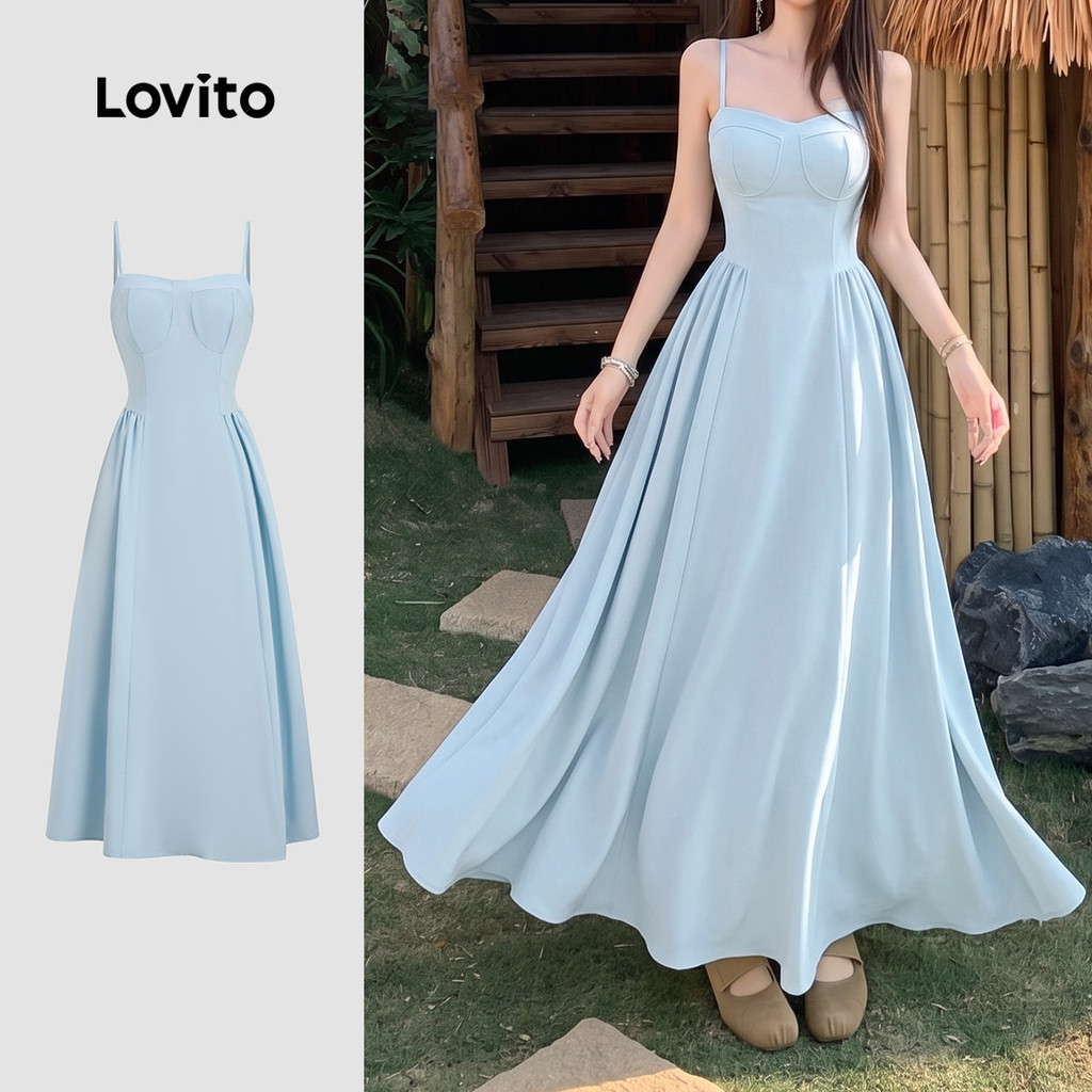 (New Arrival) Lovito Đầm boho mùa xuân/hè màu xanh dương cho nữ DRB200TD079