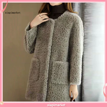 XIA| Áo khoác nữ sang trọng mùa đông dài vừa phải Áo khoác một ngực màu trơn có túi cổ tròn dài tay Áo khoác ngoài ấm áp cho thời tiết lạnh Áo khoác lông dài nữ