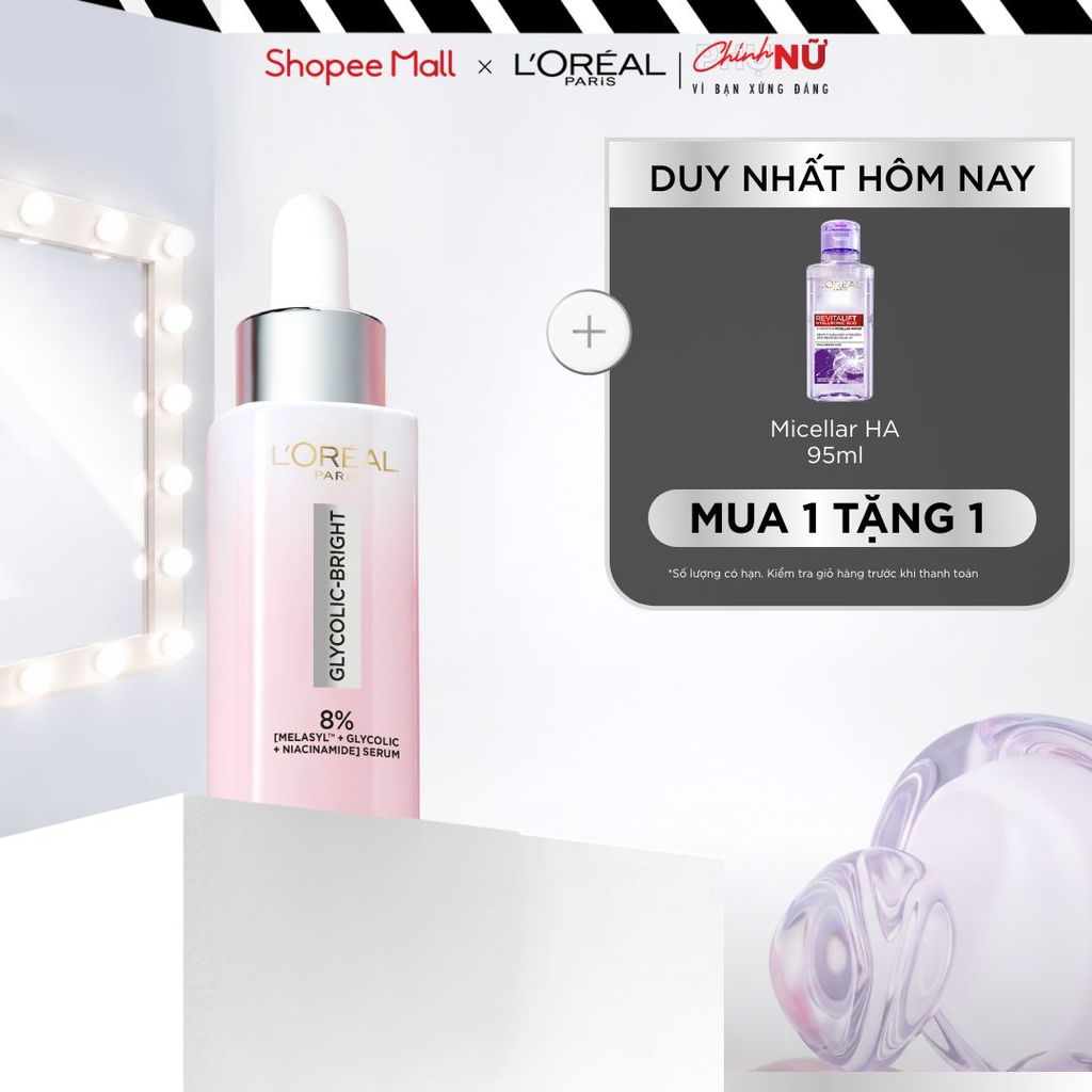 Serum Glycolic Melasyl 8% [Melasyl+Glycolic+Niacinamide] dưỡng sáng da, mờ thâm mụn & nám Loreal Paris 30ml