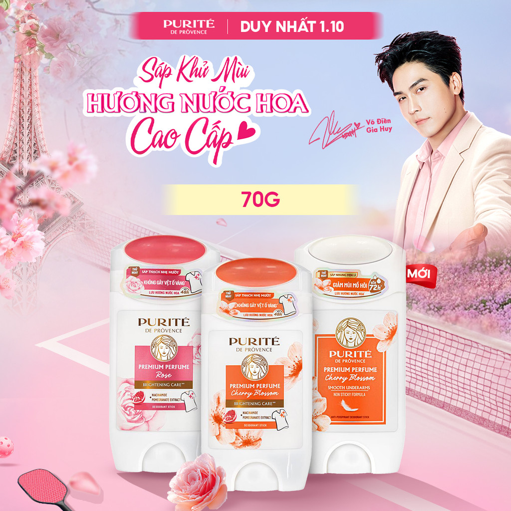 [MỚI] Sáp Khử Mùi Purité Hương Nước Hoa Cao Cấp Dưỡng Sáng Hoa Anh Đào / Hoa Hồng 70G (Sáp Hồng / Sáp Trắng)