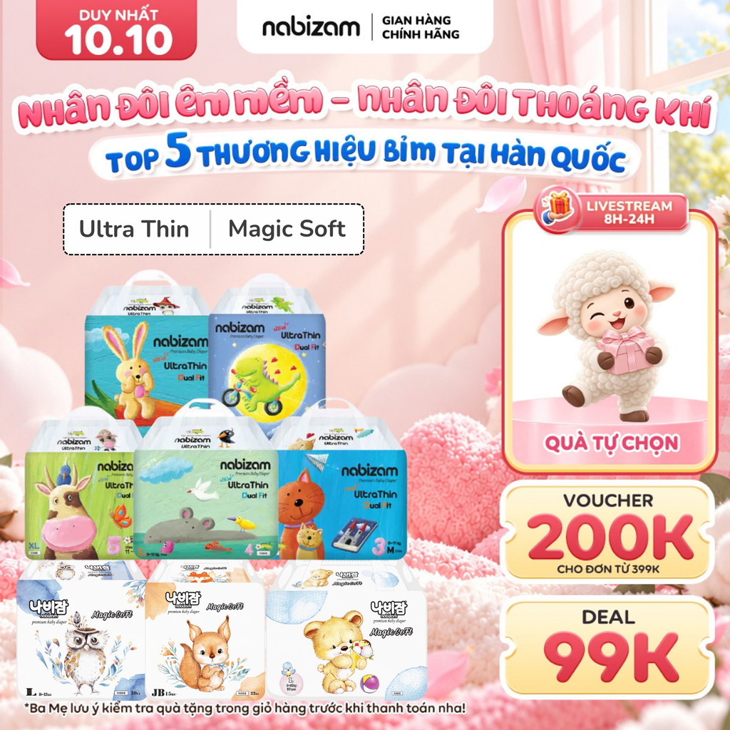 [Quà tự chọn] [4 BỊCH] Tã/Bỉm Nabizam Ultra Thin, Magic Soft Nội Địa Hàn Siêu Mềm Mỏng, Thoáng Khi, Cho Bé Từ 3-25kg