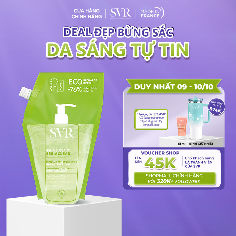 [ĐƠN 1TR6 TẶNG QUÀ] Gel rửa mặt cho da dầu mụn, không chứa xà phòng SVR Sebiaclear Gel Moussant Refill 400ML