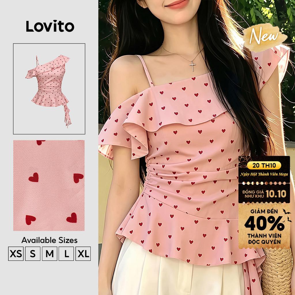 (New Arrival) Lovito Áo kiểu nữ màu hồng Phong cách thường ngày hình trái Tim Tay ngắn lệch Vai hở Vai gấu bèo nhún mùa xuân hè cuối tuần BLK10P1D575