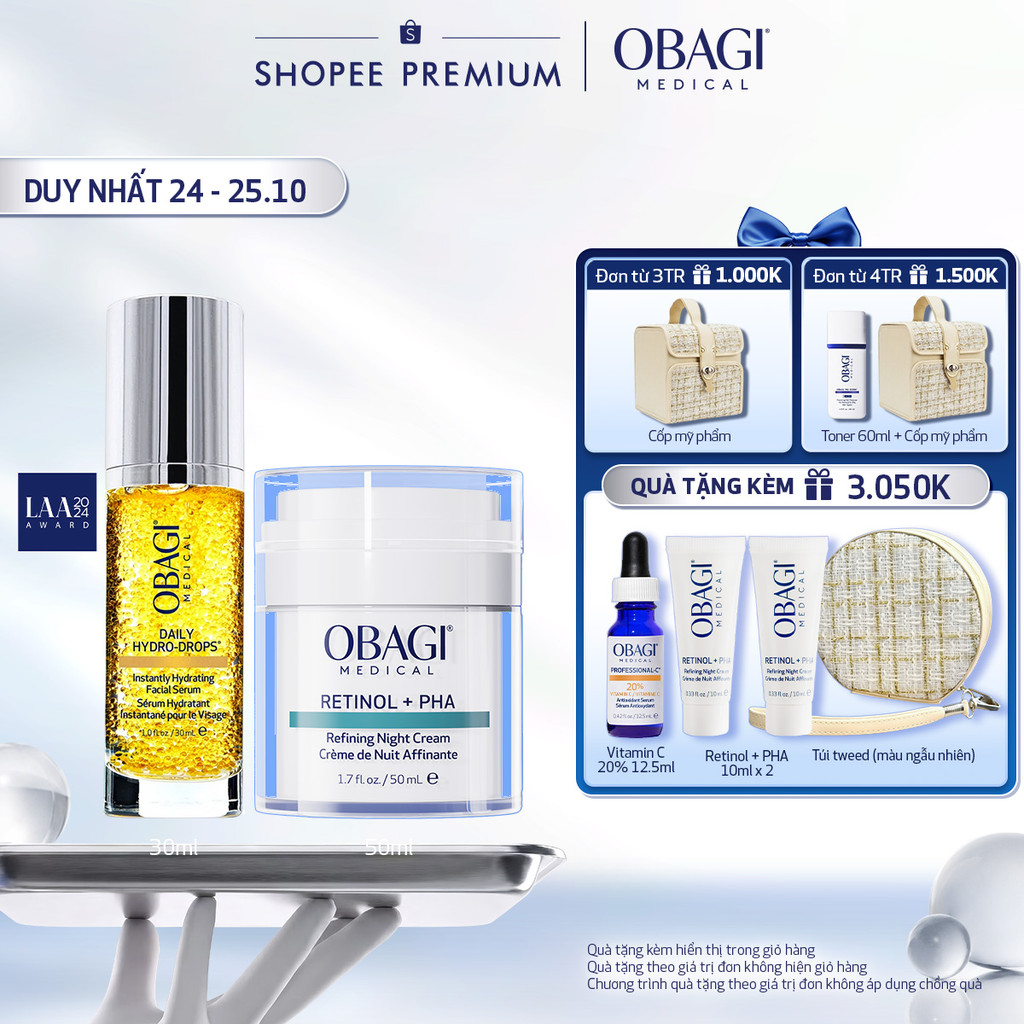 [Voucher SVIP 18%] Bộ đôi Kem Dưỡng Đêm Obagi Retinol + PHA và Serum Dưỡng Ẩm & Làm Dịu Da Obagi Daily Hydro-Drops