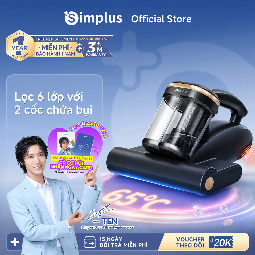 Simplus×TEN Máy hút bụi giường nệm Thiết kế 2 cốc chứa bụi Tia UV diệt khuẩn Tốc độ đập 96,000 vòng/phút CMYH007GY