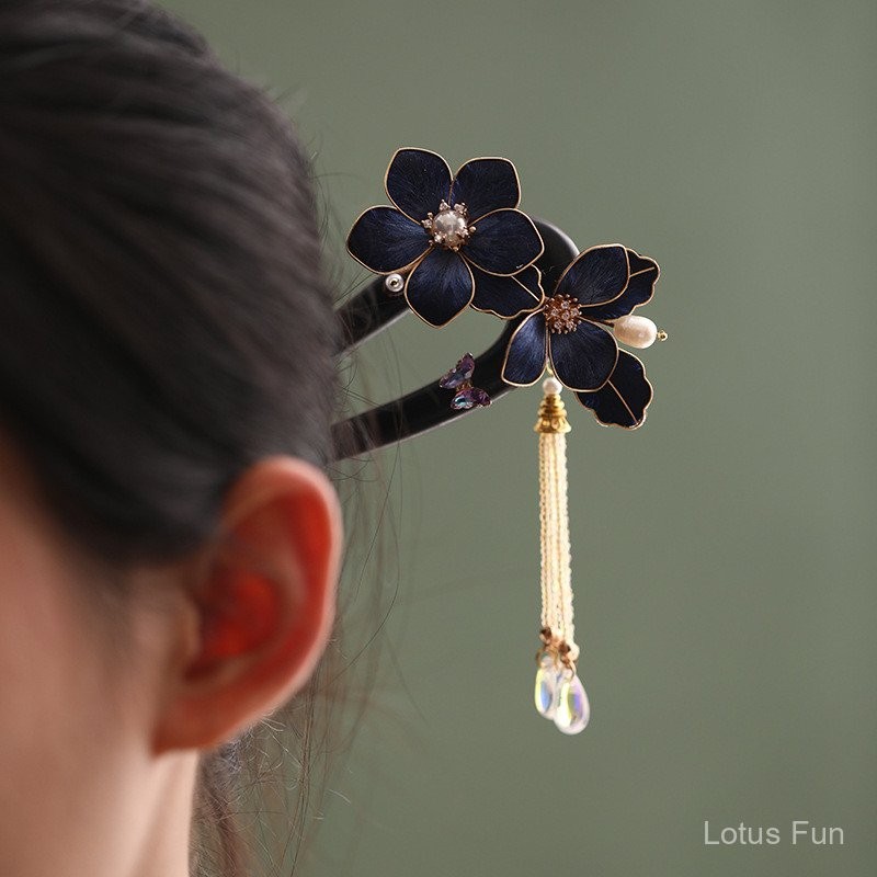 Kẹp tóc phong cách Trung Hoa retro, lụa nhung hoa, gỗ đàn hương hình chữ U, màu xanh hải quân, phù hợp cho kiểu tóc hàng ngày