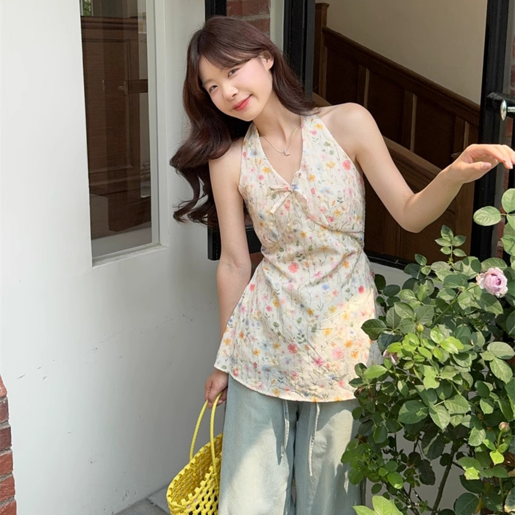 Áo Cổ Yếm Nữ BABEE Cổ V Cột Nơ Kiểu Họa Tiết Hoa Nhí Xinh Xắn Gợi Cảm Sang Trọng Quyến Rũ