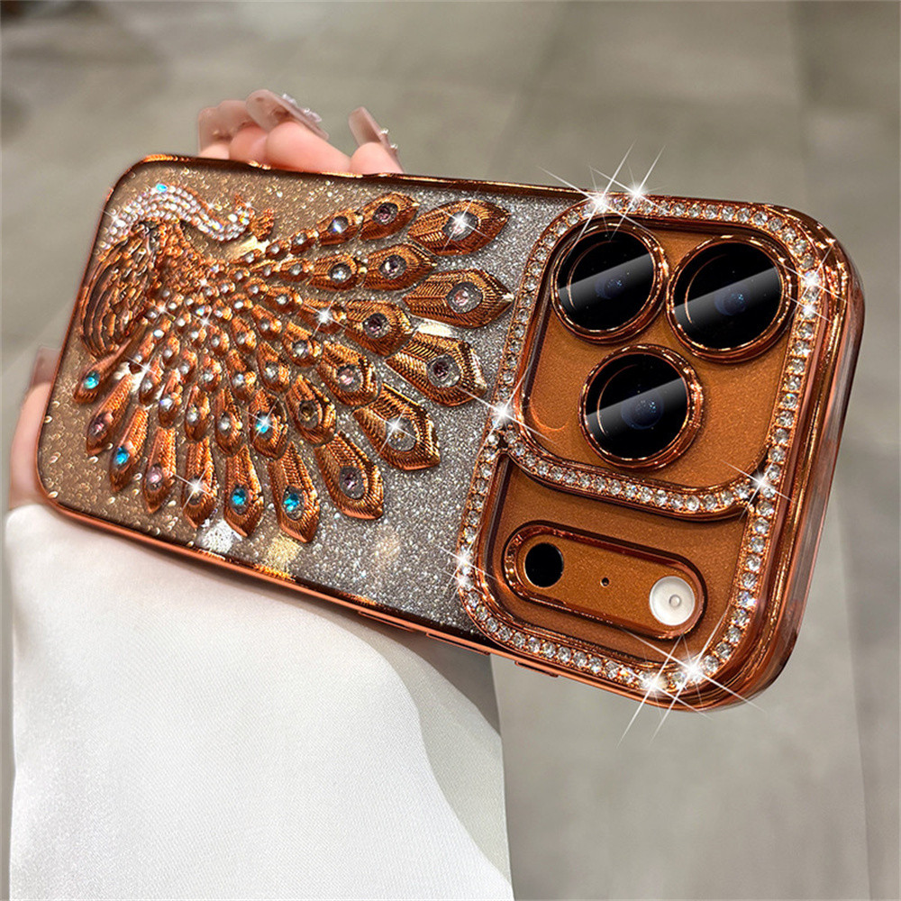 Ốp điện thoại hình con công 3D kim cương Flash sang trọng cho iPhone 17 Pro Max 16 13 14 15 Pro Max Air Phim bảo vệ gương chống rơi TPU mềm vỏ bảo vệ điện thoại