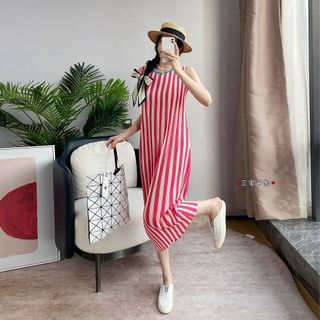 Miyake Váy Sọc Xếp Ly Cho Ngày Thường, Phù Hợp Mùa Hè, Chiều Dài