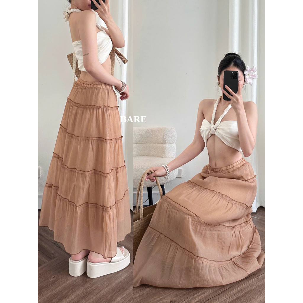 Chân Váy Dáng Dài Xòe 5 Tầng Chất Voan Tơ Phối Bèo Phong Cách Ulzzang Thời Trang_CV055