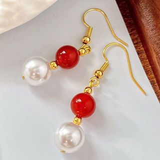 [N1103] Bông Tai, Khuyên Tai, Hạt Ngọc Trai Đá Nhân Tạo Dáng Dài Mix Đỏ Trắng, Sang Trọng, Phù Hợp Cho Nữ - DAISYN