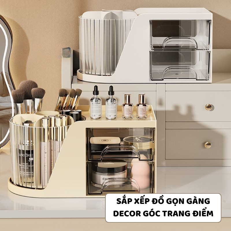 Khay Đựng Đồ Trang Điểm Để Bàn ENODA HOME, Khay Đựng Đồ Makeup Kèm Ống Đựng Cọ Xoay Tròn P056