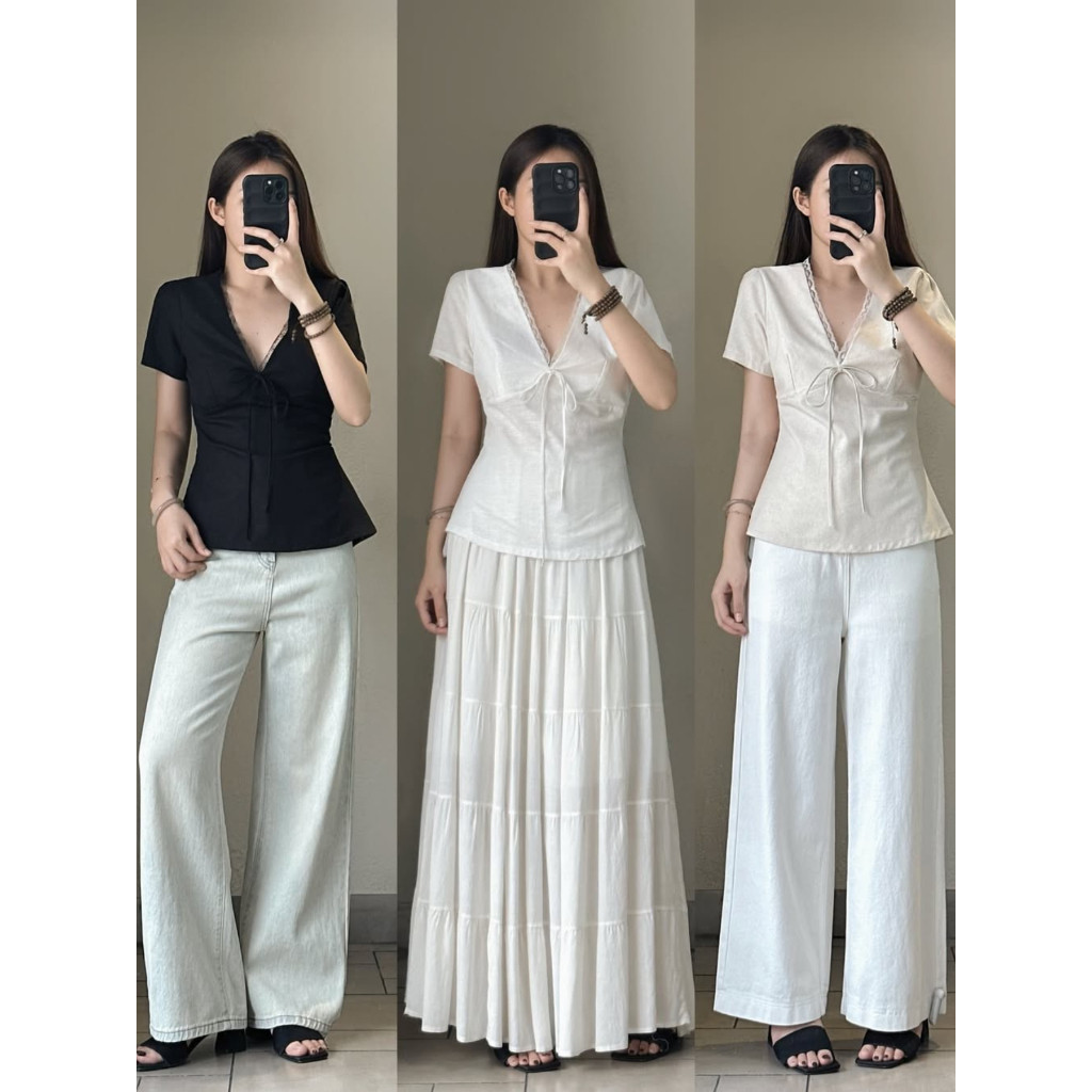 Áo Kiểu Linen Xinh Nữ Cổ V Phối Viền Ren Tay Ngắn Mùa Hè  MA 217