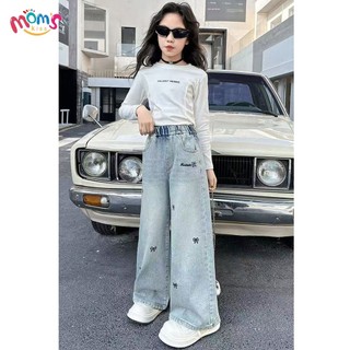 QuầN Jeans Bé GáI ốNg RộNg MàU Xanh NhạT Co GiãN Eo, Phong CáCh NgọT QuầN Jean Nữ ốNg RộNg