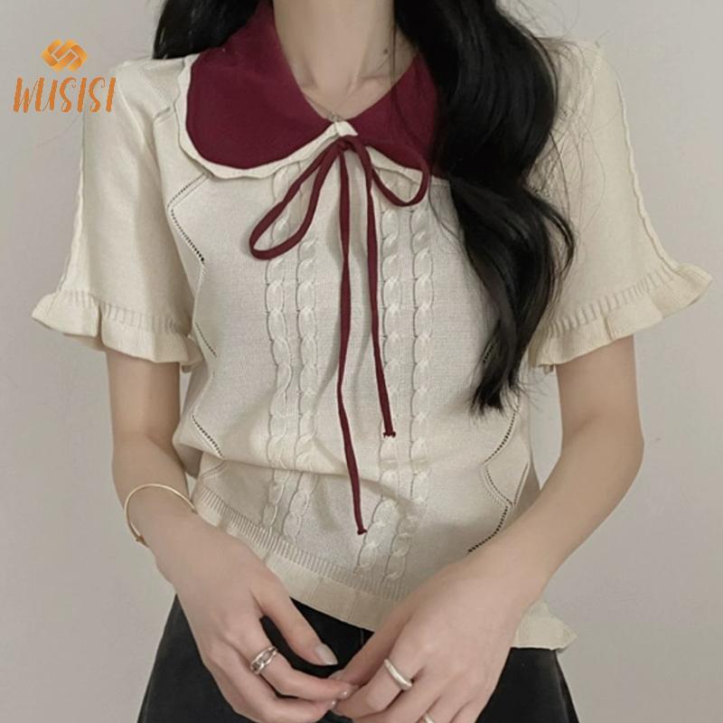 Áo thun dệt kim ngắn tay phong cách Hàn Quốc với nơ ngọt ngào, phù hợp mùa hè cho nữ