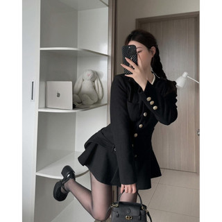 [Sẵn] Váy Dạ Ép Cổ Tròn Chiết Eo Khuy Đồng Kèm Đai Lannie, Váy Đầm Thu Đông Dáng Ngắn Xoè Mix Kèm Đai Asasino