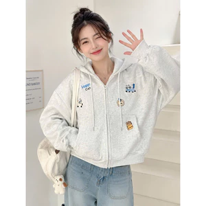 Áo Khoác Nỉ Hoodie Thêu Mèo Dễ Thương Form Rộng Khóa Kéo Dày Dặn Phong Cách Hàn Quốc Nữ HIYU 66 STORE