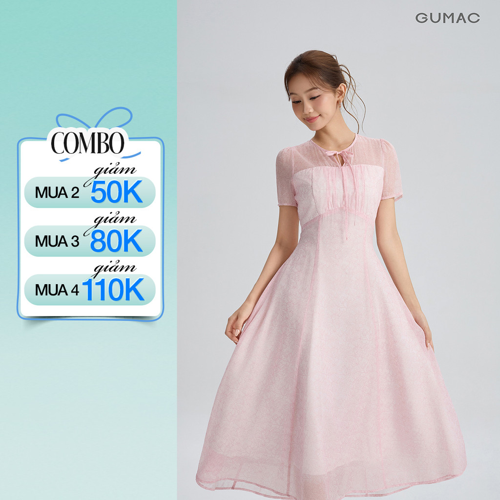 Đầm Nữ GUMAC Form A Xòe Cổ Tròn Phối Nơ Cách Điệu Họa Tiết Hoa Thanh Lịch Nữ Tính DG05070