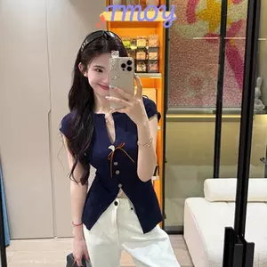 TMOY Mùa Hè Nút Pháp V-ne Ren-up Slit Tay Ngắn Mỏng Dệt Kim Áo Thun Nữ TMOY