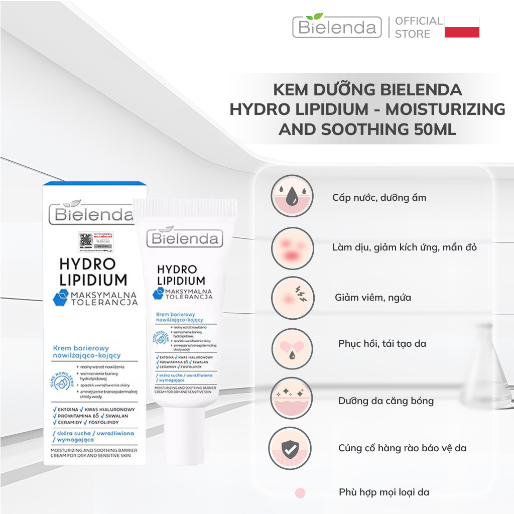 Kem dưỡng Bielenda Hydro Lipidium - Moisturizing And Soothing dưỡng ẩm sâu, làm dịu, phục hồi da 50ml