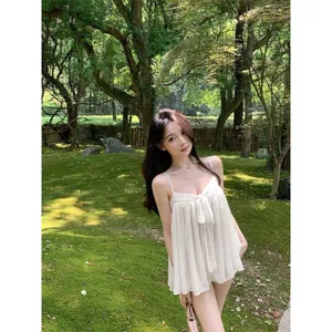 Nhỏ Tươi Phong Cách Ngày Lễ Nơ Ống Top Dây Áo Sơ Mi Voan Nữ Mùa Hè Phong Cách Mới Một Vai Rời Tay