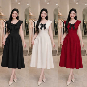 Đầm Maxi Cổ Bèo Nơ Đen Dáng Xòe Tiểu Thư Thanh Lịch Thời Trang Mới HIYU 66 STORE