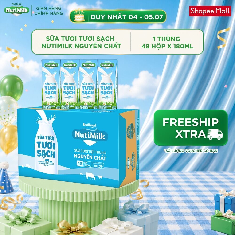 Thùng 48 Hộp Sữa Tươi Tươi Sạch NutiMilk Nguyên Chất 180ml