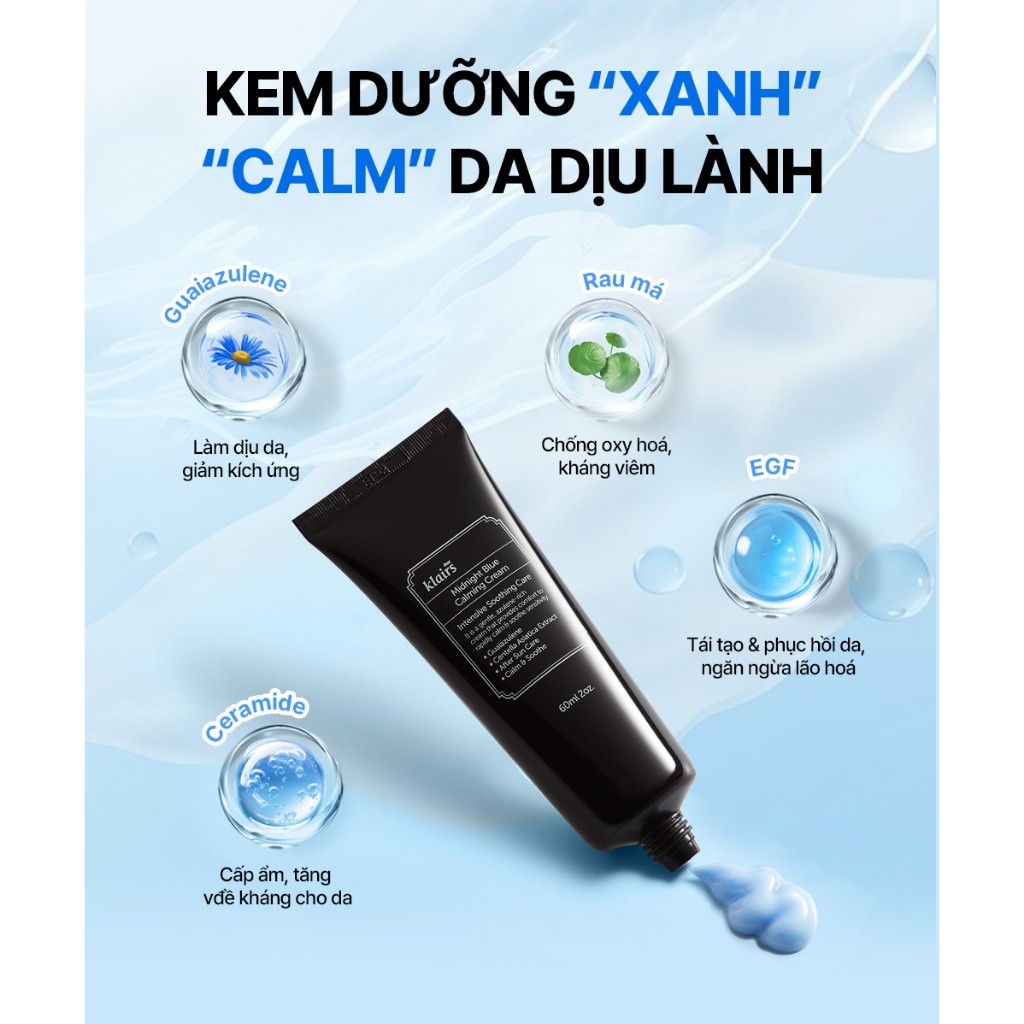 Kem dưỡng da Dear, Klairs Midnight Blue Calming Cream hỗ trợ cấp ẩm và phục hồi cho da 60g [FS]