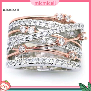 MIC _ Women Kim Cương Giả Kẻ Sọc Crossover Dây Đeo Rộng Nhẫn Trang Sức Cưới Quà Tặng