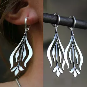 Bông tai rỗng lá cổ điển Sáng tạo hình học Bông tai Dangle màu bạc dành cho nữ Trang sức [Mina]