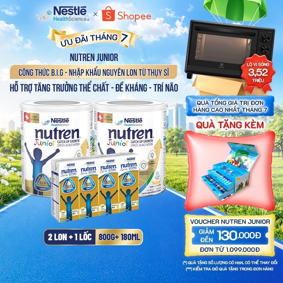 Bộ 2 Sữa Bột NESTLÉ NUTREN JUNIOR Thụy Sĩ Với Công Thức BIG Hỗ Trợ Tăng Trưởng Cho Bé 800G+Lốc 4 hộp sữa pha sẵn 180ML