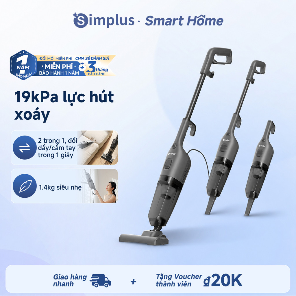 Simplus máy hút bụi đứng 19kPa lực hút mạnh Cầm tay & cán đẩy 2 trong 1 Tự đứng Siêu nhẹ 1.4kg XCQH021