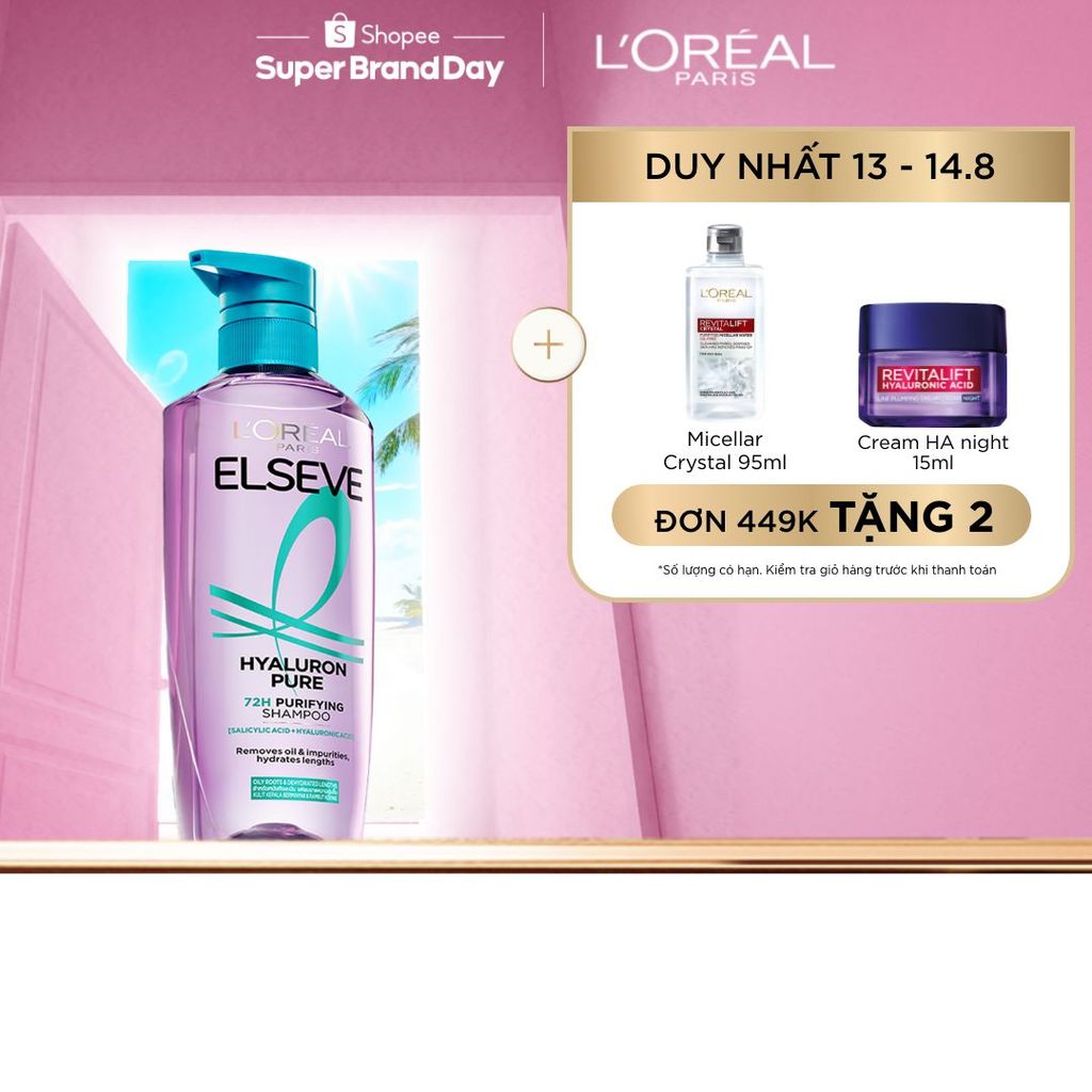 Dầu gội nhẹ bồng mái tóc 72H Elseve HA Pure cho da đầu dầu hoặc Moist cho da đầu khô 620ML