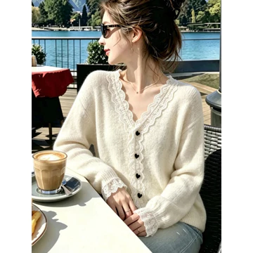 Áo Len Dài Tay Dệt Kim Áo Len Cardigan Áo Len Áo Len Áo Len Dệt Kim Áo Len Áo Khoác Ren Trái Tim Thời Trang Dài Tay Dệt Kim Cardigan Sw