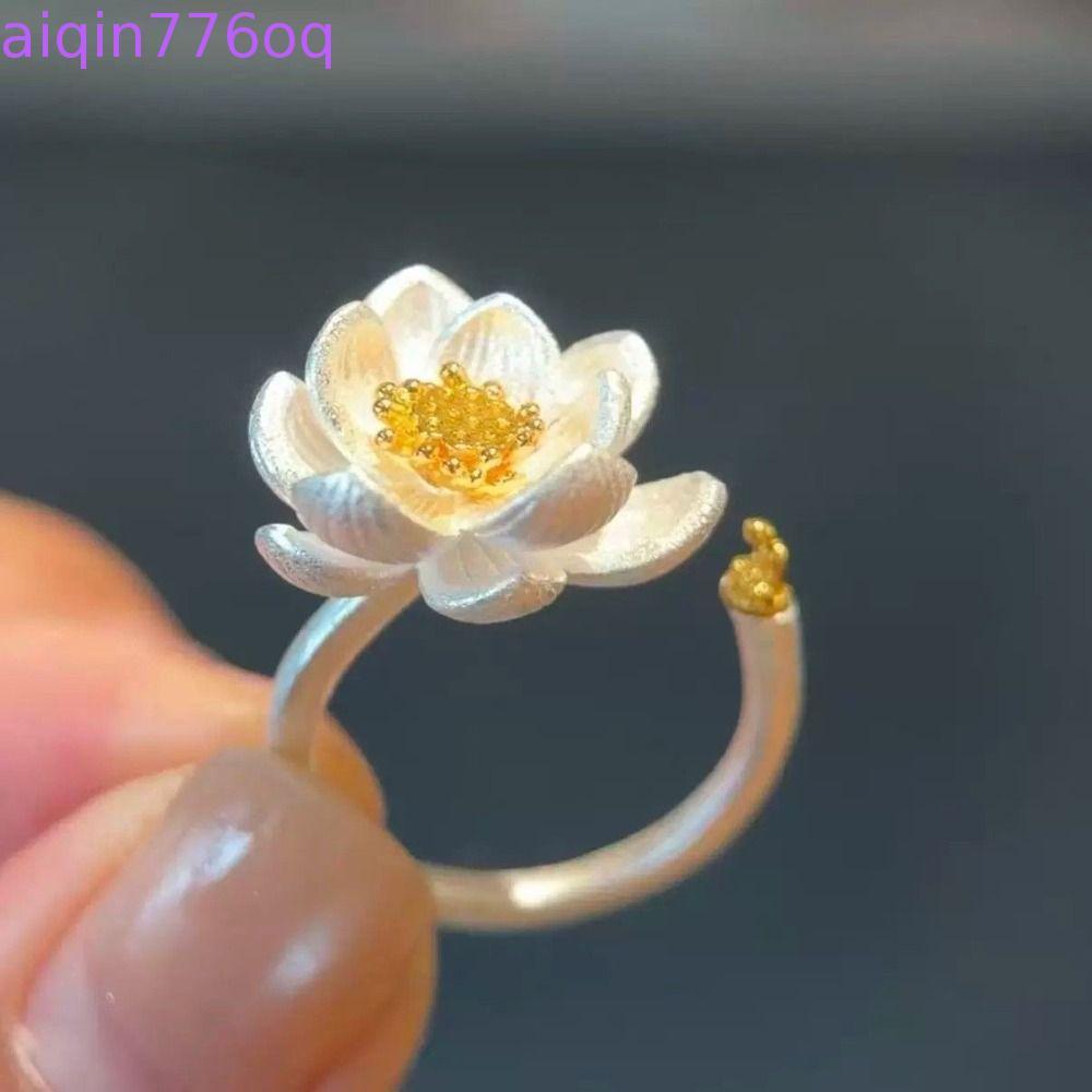 Nhẫn Phước Lành AIQINOQ, Nhẫn Hoa Sen Có Thể Điều Chỉnh Kích Thước Mở, Nhẫn Thời Trang Tinh Tế Bạc Phong Cách Trung Hoa Mới Nhẫn Cưới