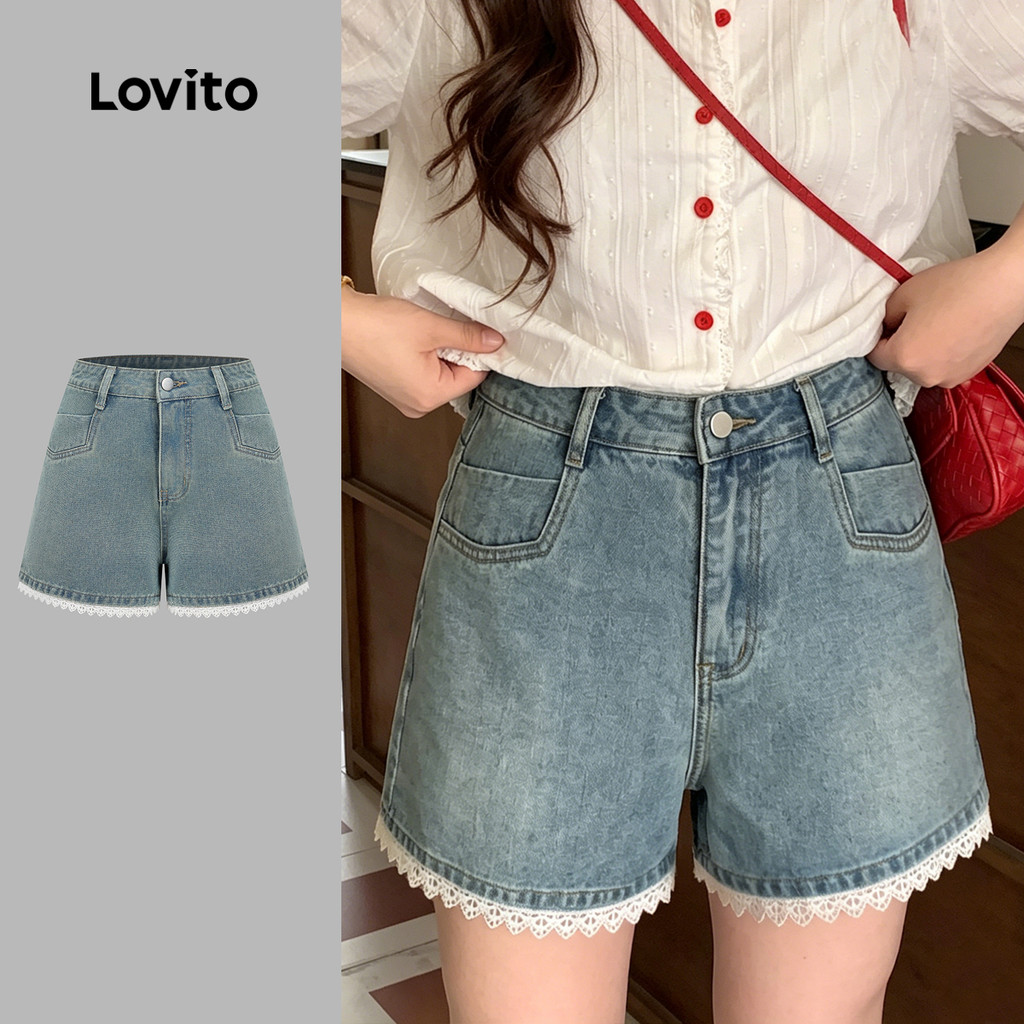 Lovito Quần short denim phong cách thường ngày giả túi có nút mùa xuân/hè màu xanh dương cho nữ L200AD203
