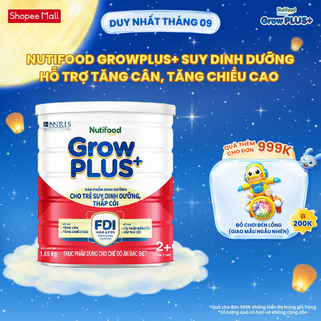 Sữa bột Nutifood GrowPLUS+ Suy Dinh Dưỡng (Đỏ) 2+ Tăng Cân, Tăng Chiều Cao (Lon 1,65 Kg)