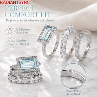 Nhẫn xếp chồng RADIANTSYNC, Bộ nhẫn thủ công khảm mịn phong cách châu Âu, tỏa sáng thanh lịch Phong cách sáng sủa Hợp thời trang Nhẫn cầu hôn hình chữ nhật lớn dành cho nữ